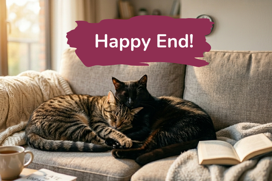 KI-Bild, Happy End, kuschelnde Katzen